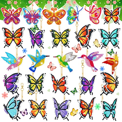 Junkin 26 Pieces Butterfly DIY Diamond Key Chain 5D Diamond Ornaments Butterfly Full Diamonds Pendants for Beginners Kids Adults DIY Key Ring Pendant Summer Crafts Making