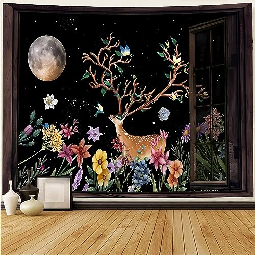 ArtAubrey Garden Tapestry Window Shape Tapestry Deer Flower Moon Stars Wall Hanging for Bedroom Living Room（60'' × 40''）