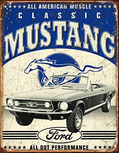 Desperate Enterprises Classic Ford Mustang Tin Sign - Nostalgic Vintage Metal Wall Decor - Made in USA - 12.5' W x 16' H