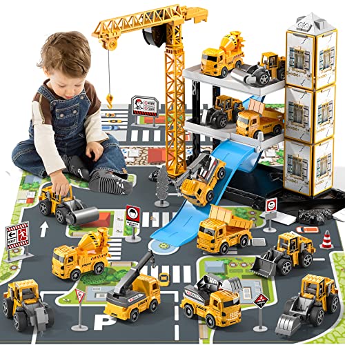 TEMI Construction Truck Toys for 3 4 5 6 Year Old Boys, 60PCS Kids Engineering Trucks Vehicle w/Tractor, Crane, Dump, Excavator and Map, Birthday Gift Toys for Girls Children Toddlers
