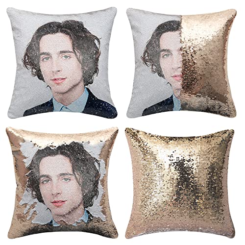 Jiamos Timothee Chalamet Sequin Pillow Covers Funny Gag Gifts for Her Him Magic Reversible Mermaid Throw Pillow Decorative Accent Pillowcase 16x16 inches, no Filler(Champagne Gold)