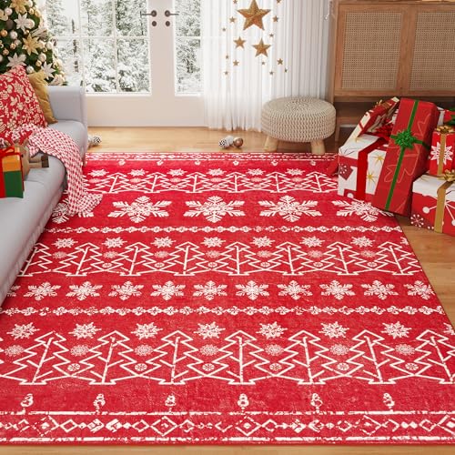 PureCozy Christmas Rug 5x7 Indoor Red Area Rug Washable Living Room Carpet Xmas Decor Accent Area Rug Bedroom Holiday Throw Rug Non Slip Low Pile Soft Rug Winter Floor Mat Office Dining Room