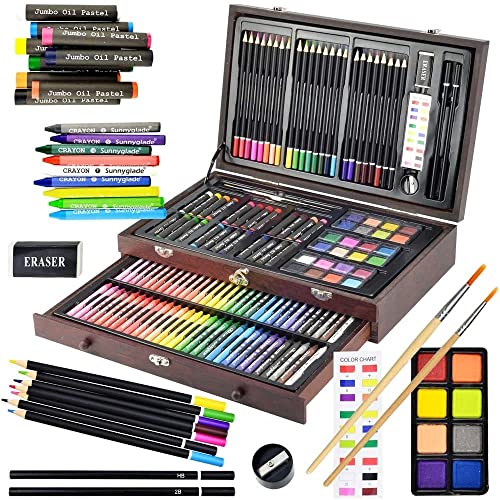 Sunnyglade 145 Piece Deluxe Art Set, Wooden Box & Drawing Kit with Crayons, Oil Pastels, Colored Pencils, Watercolor Cakes, Sketch Pencils, Paint Brush, Sharpener, Eraser, Color Chart (Cherry)