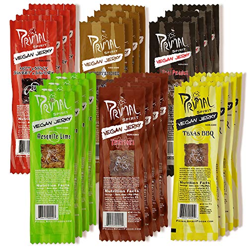 Primal Spirit Vegan Jerky - Sampler Pack, 10g. Plant Based Protein, Certified Non-GMO ('Classics' Thai Peanut, Mesquite Lime, Teriyaki, Hot & Spicy, Hickory Smoked, & Texas BBQ, 24-Pack, 1 oz.)