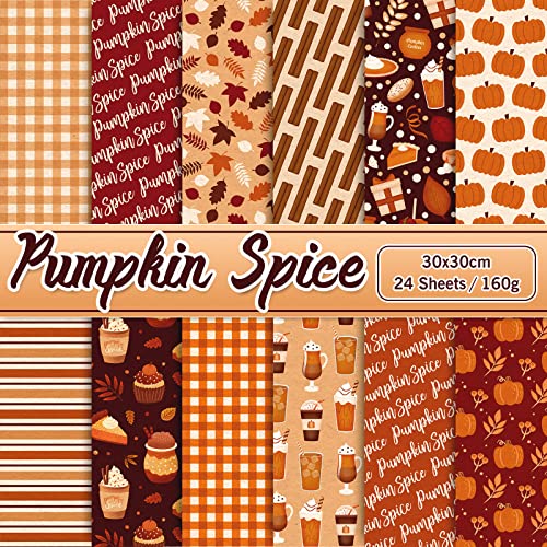 Whaline 24Pcs Fall Pattern Paper 30x30cm Maple Leaves Pumpkin Drinks Plaid Double-Sided Scrapbook Specialty Paper Folded Flat for DIY Decorative Background Card Making Photo Album Junk Journal Decor