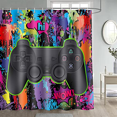 Gdmoon Gamer Shower Curtain Boys Video Game Colorful Graffiti Hip Hop for Boys Gaming Black Gamepad Modern Cool Kids Teens Gift Bedroom Decor Bathroom Curtain with 12 Hooks 72x72in YLRLGD794