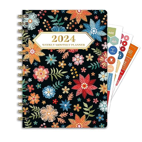 Ymumuda 2024 Planner, 12-Month Weekly Monthly Planner from JAN.2024 to DEC.2024, 8.4' X 6', Spiral Planner Notebook with Stickers, Elastic Closure, Inner Pocket, Sticky Index Tabs, Floral 01