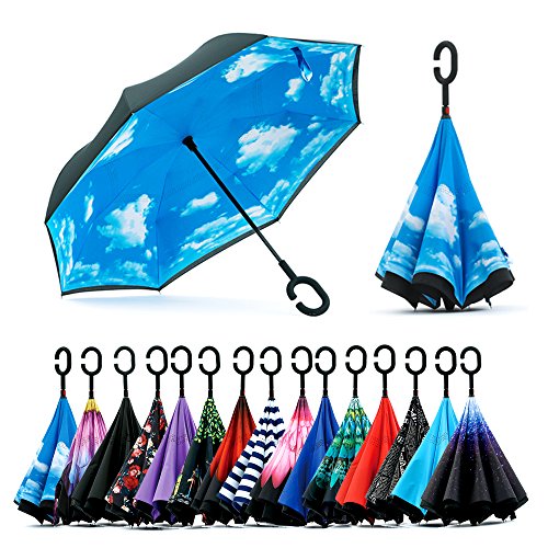SIEPASA Spar. Saa Double Layer Inverted Umbrella with C-Shaped Handle, Anti-UV Waterproof Windproof Straight Umbrella for Car Rain Outdoor Use