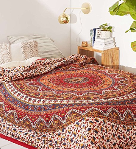 Popular Handicrafts Wall Hanging Tapstry for Bedroom Hippie Psychedelic Mandala Bohemian Hippy Intricate Floral Design Indian Tapestries Bedspread 54x84 Inches (140cmx215cm) Red