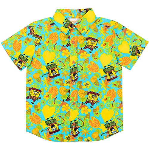 Nickelodeon Spongebob Squarepants Big Boys Hawaiian Button Down Shirt Blue 10-12