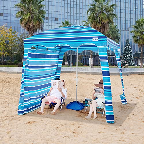 ROWHY 6.5x6.5ft Beach Cabana with Sand Anchor & Side Wall, Portable UV 50+ Protection, Easy to Set Up Beach Cabana Beach Umbrella Cool Cabana Beach Canopy with Carry Bag (Blue-White Stripes)