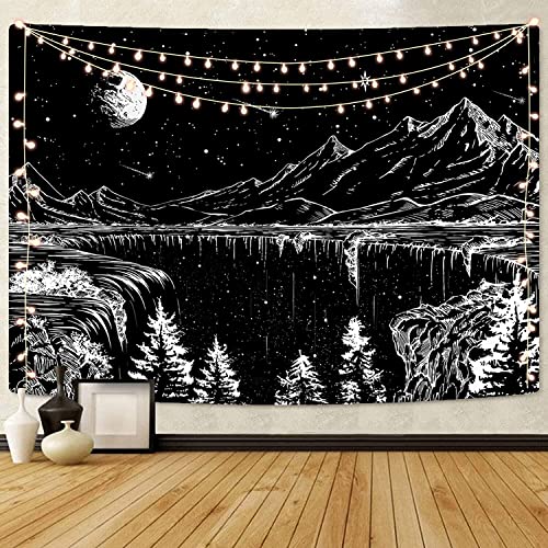 Simpkeely Black and White Tapestry Starry Night Tapestry Mountain Tapestry Moon Stars Tapestry for Bedroom Living Room - 51 x 59 inches