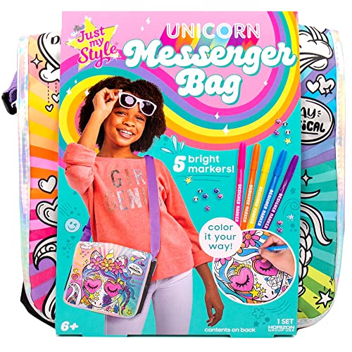 Just My Style Color Your Own Unicorn, Personalized Doodle Messenger Bag with Adjustable Strap, Great for School & Errands, Gift Ideas for Girls, Crafts Activity for Kids Ages 6, 7, 8, 9