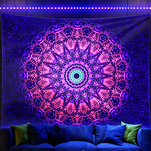 ADDWel Blacklight Mandala Boho Tapestry Glow In The Dark, Black Light Bohemian Hippie Poster Wall Hanging for Bedroom Aesthetic Wall and Room Decor (30' x 40', Mandala)
