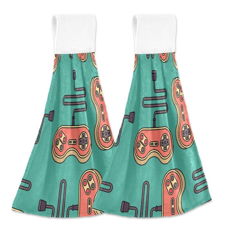 KOCOART Joystick Gamepad Kitchen Hand Towels Retro Hanging Tie Towels Dish Towel with Loop 2PCS Soft Super Absorbent Fingertip Towel for Bathroom Washroom Guestroom Hotel