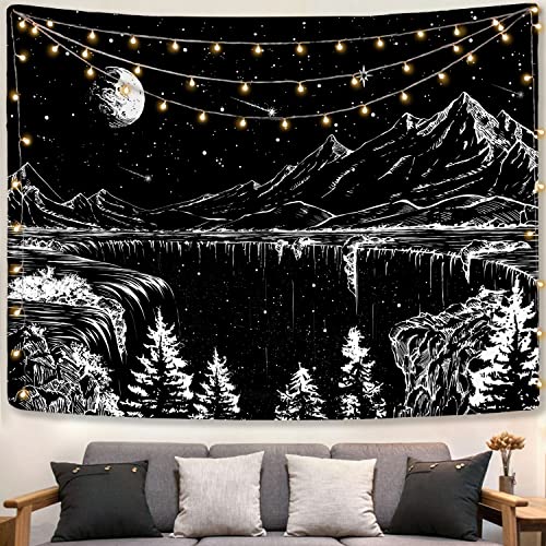 Zussun Black and White Tapestry Starry Night Mountain Tapestries for Bedroom Aesthetic Moon and Stars Tapastry's Wall Hanging Dark Nature Forest Wall Tapestry for Living Room Dorm (Black, 80'' × 60'')