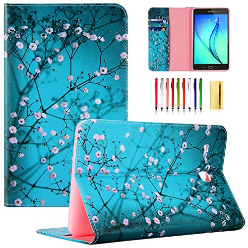 UUcovers T377 Tablet Case for Samsung Galaxy Tab E 8.0 Inch 2016 Model (SM-T377A/T377V/T377P/T375/T378) PU Leather Folio Stand Wallet Soft TPU Back Shockproof Cover with Card Pocket, Pear Flower Blue