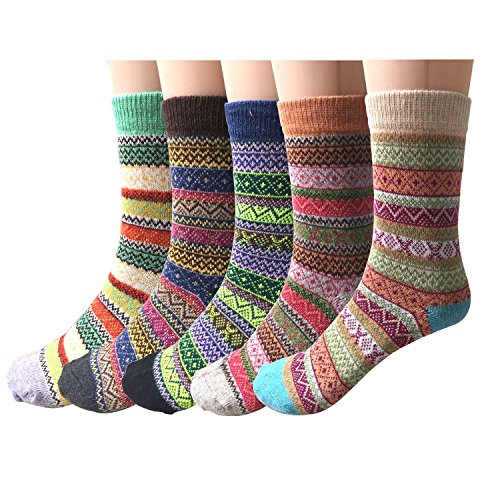 Pack of 5 Womens Vintage Style Cotton Knitting Wool Warm Winter Fall Crew Socks, Mixed Color 1, One Size - fit shoe sizes from 5-10