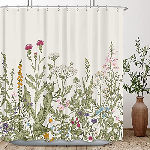 Riyidecor Wildflower Botanical Shower Curtain for Bathroom Decor 72Wx72H Inch Floral Flower Plant Herbs Sage Green Leaves Decorative Bath Set Bathroom Accessories Fabric Waterproof 12 Pack Hooks