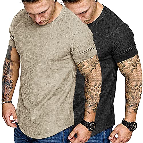 COOFANDY Men Workout T Shirt Pack Running Cotton Longline Short Sleeve Solid Tee Black/Khaki