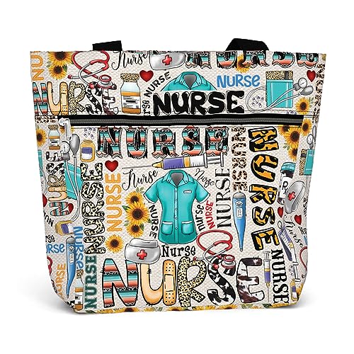 84hoods Large Waterproof Tote Bag Gift for Nurse with Pockets and Zipper for Work. Cute Graphic Shoulder Bag for Women and Girls. Aesthetic 15 inch Grocery Bag Colorful Typography.