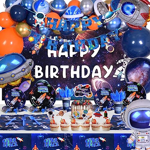 CUTEUP Space Birthday Party Decorations - 245PCS Outer Space Theme Party Supplies Balloon Garland Kit, Happy Birthday Party Supplies with Disposable Dinnerware Banner Set for Boys Girl Kids -16 Guest