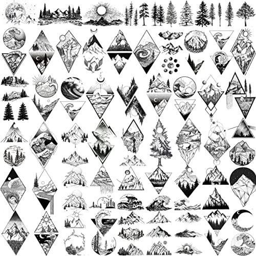GOROMON 52 Sheets Small Black Mountain Temporary Tattoos For Men Women Adult, Geometric Sea Weave Forest Pine Tree Realistic Tattoo Sticker For Kids Children, Moon Sun Star Triangle Tatoos Outer Space