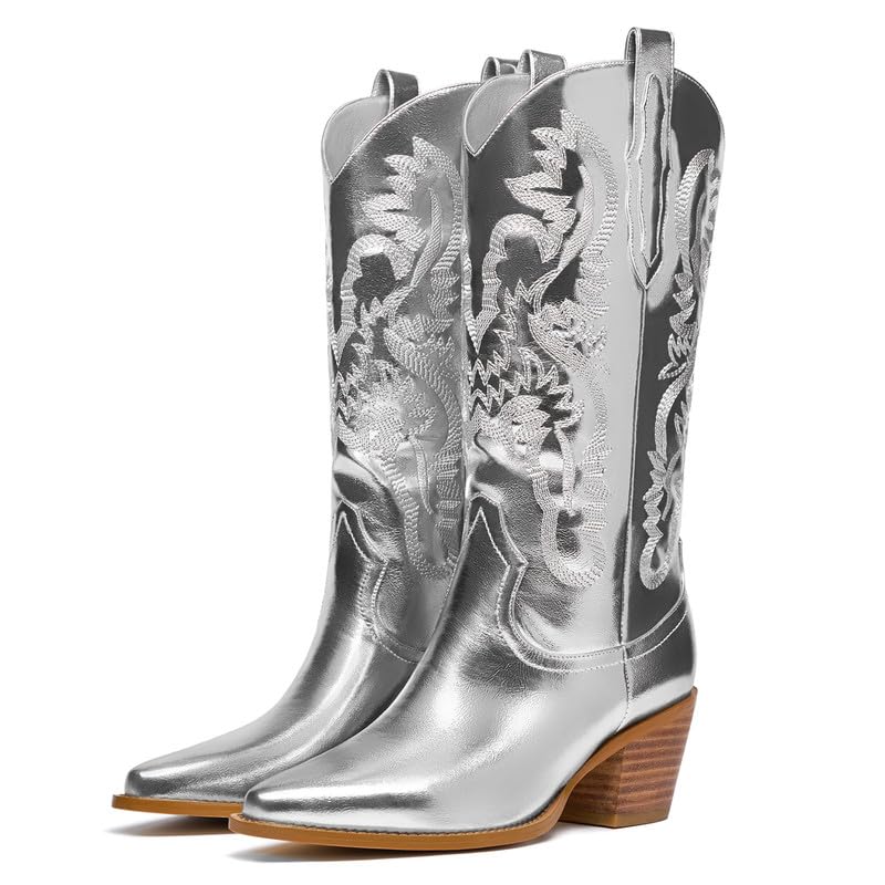 GOSERCE Western Cowboy Mid Wide Calf Boots Pull-Up Tabs Embroidered Sparkly Glitter Metallic Cowgirl Boots for Women Pointy Toe Chunky Low Heel 2.5' Silver,8