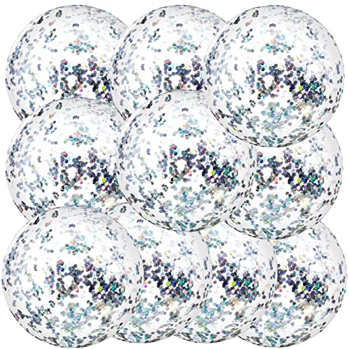 10 Pieces Inflatable Beach Balls Glitter Beach Ball Swimming Pool Balls Floatable Confetti Ball for Summer Beach Pool Party Favor for Kids Adults, 16 Inch (Silver)