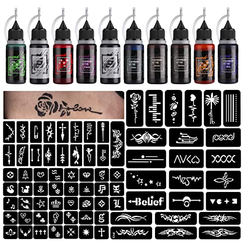 STIGMA  Temporary Tattoo Kit 10 Bottles Color Inks, 84 Pcs Stencils Kit for Body Paint DIY Tattoos Temp, DIY Fake Tattoo for Women Kids (Black*2, Cyan, Red, Green, Blue, Purple, Brown*2, Orange)