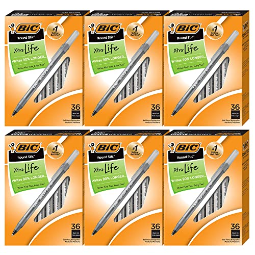 BIC Round Stic Xtra Life Ballpoint Pen, Medium Point (1.0mm) -- Pack of 216 Black Pens