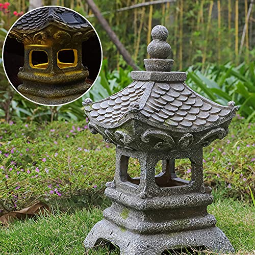 Aloak Asian Solar Zen Pagoda Garden Statue 14 Inch, Outdoor Japanese Lamp Lantern for Home Garden Landscape Décor (14 inch Pagoda)