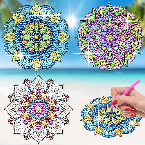 BSRESIN Diamond Painting Stained Glass Window Clings with Diamond Painting Pen, 3 Pcs Mandala Window Stickers for Suncatchers, Diamond Art Kits for Adults, Diamond Painting Accessories