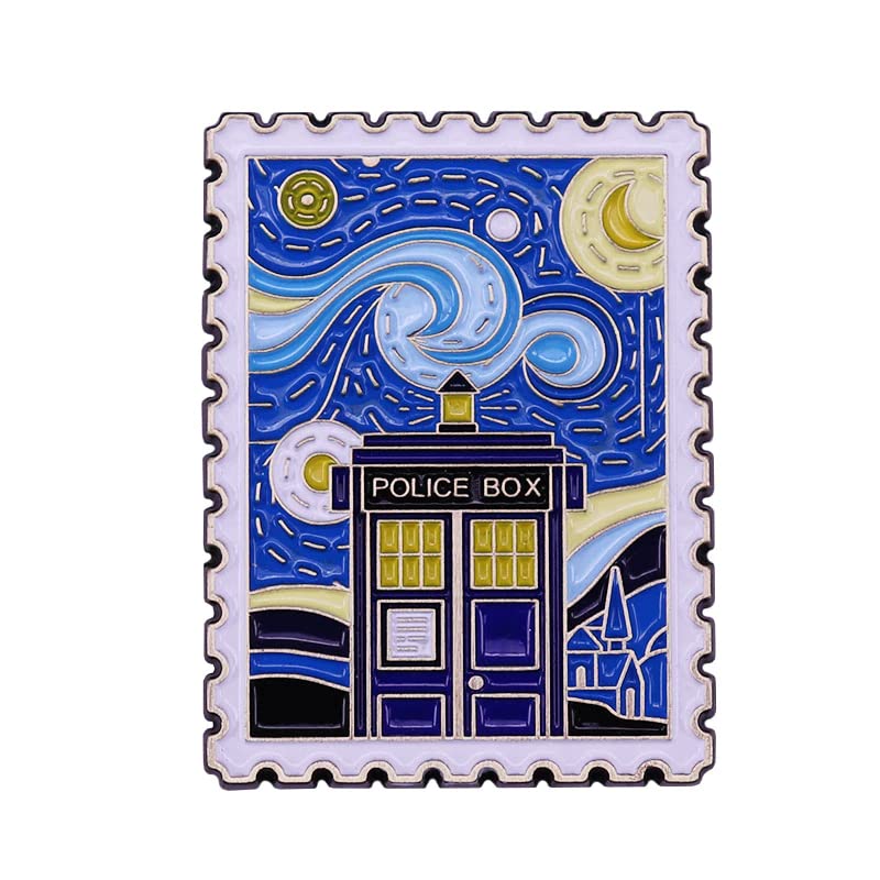 Tardis Starry Night Dr Who Van Gogh Police Box Stamp 1.6' Enamel Pin Badge