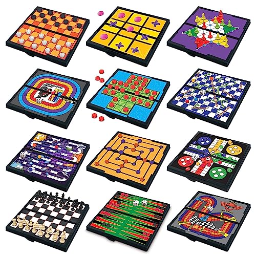 Gamie Small Magnetic Board Travel Game Set - Includes 12 Retro Fun Games - 5 Inch Compact Design - Individually Boxed - Teaches Strategy and Focus - Road Trip, Travel, Camping for Kids 6+