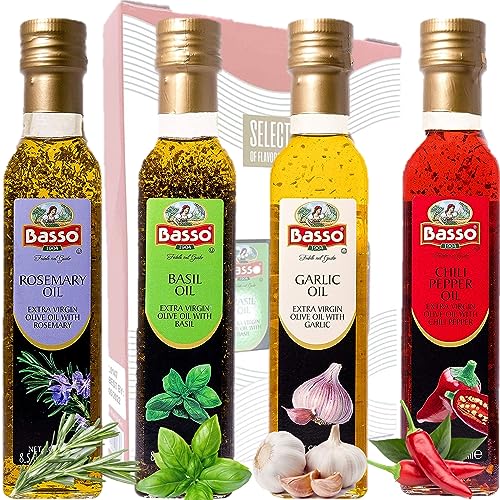 Infused Extra Virgin Olive Oil Gift Box Set, First Cold Pressed, Variety Pack, 4 bottles x 8.5 fl.oz (250ml), Naturally Infused for Dipping & Tasting, (Gift Box Included), Chili, Garlic, Basil, Rosemary, BASSO1904