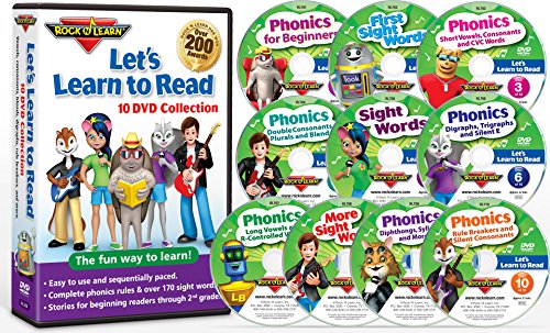 Let’s Learn to Read 10 DVD Collection by Rock ‘N Learn (170 sight words, covers all phonics rules, vowels, consonants, blends, digraphs, practice sections to build reading fluency, 80 downloadable worksheets and more.)