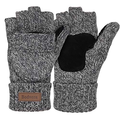 Bodvera Thermal Insulation Fingerless Texting Wool Gloves for Women and Men Winter Warm Knitted Convertible Mittens Flap