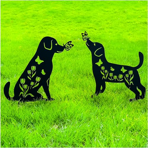 Dog Metal Decorative Garden Stakes Dog Gifts for Women/Mom/Men Dog Lovers Gifts Black Dog Silhouette Statues for Yard Art, Outside, Patio, Outdoor Decor, Garden Decorations, Lawn Ornaments, Set of 2