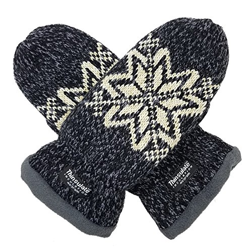 BRUCERIVER Women Snowflake Knit Mittens with Warm Thinsulate Fleece Lining Size M (Black)