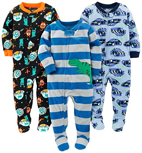 Simple Joys by Carter's Baby Boys' Loose-Fit Flame Resistant Fleece Footed Pajamas, Pack of 3, Cars/Dinosaur/Space, 12 Months