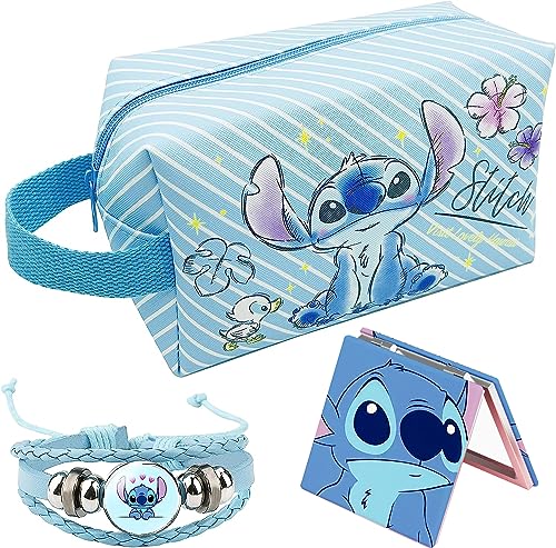 LOYEJEGL Stitch Stuff Travel Cosmetic Bag + Double Sided Cosmetic Mirror + bracelets,Large Capacity PU Travel Toilet Bag Makeup Accessories Organizer, Best Gift for Girls and Women (Blue-Stitch)