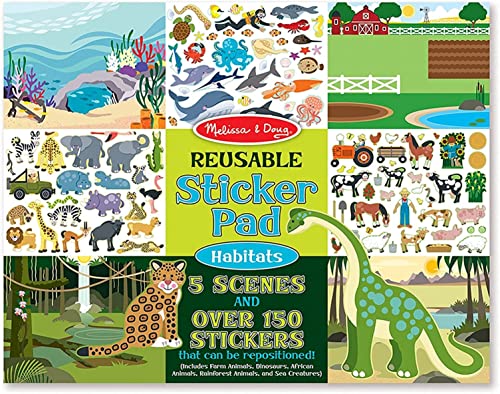Melissa & Doug Reusable Sticker Pad: Habitats - 150+ Reusable Stickers 7 Ounces - Kids Animal Activities, Restickable Animals Sticker Book, Animal Habitats Removable Stickers For Kids Ages 3+