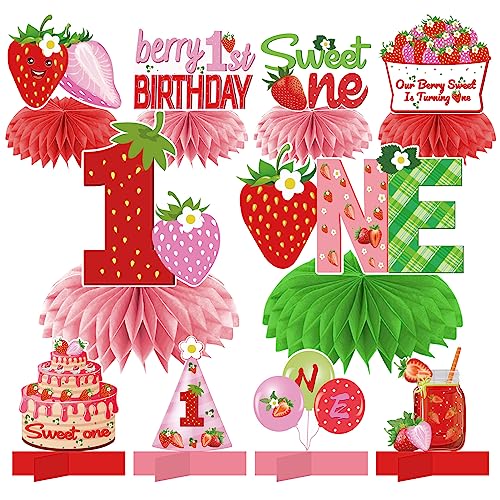 10Pcs Berry First Birthday Decorations Honeycomb Centerpieces for Baby Girls, Strawberry Theme 1st Birthday Table Centerpiece Party Supplies, Berry Sweet One Birthday Party Table Topper Decor