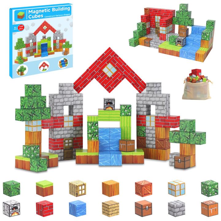 Magnetic Blocks-Build 110PCS Mine Magnet World Set Toys for Boys & Girls Age 4 5 6 7 8 9 10, STEM Montessori Stacking Building Toys for Toddlers Construction Fidget Cubes Sensory Toy for Ages 3+ Kids