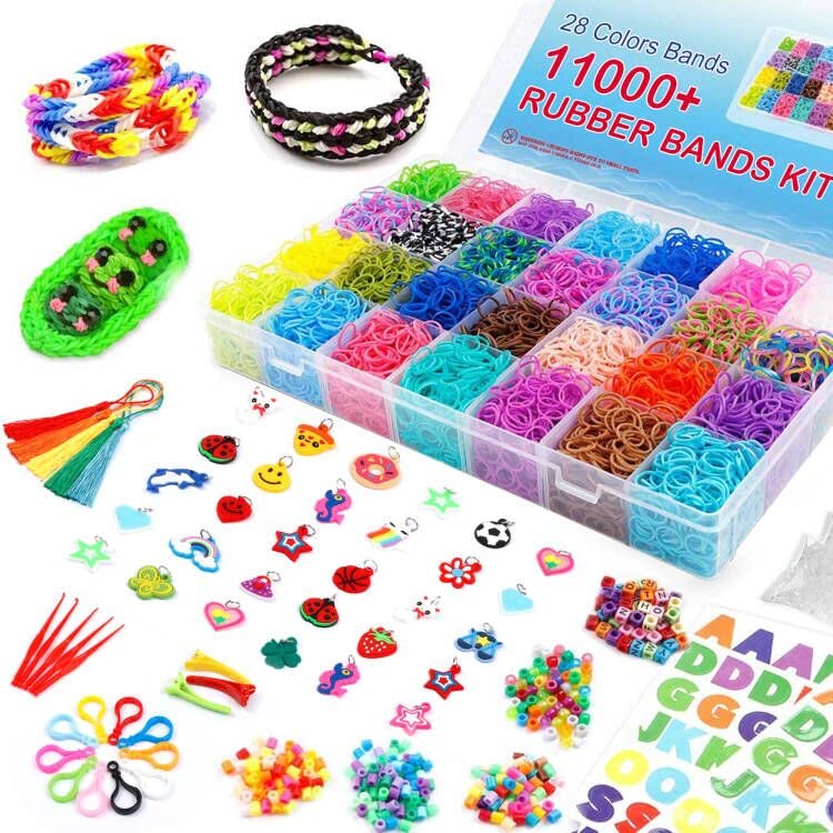 Inscraft 11880+ Loom Bands Set: Colorful Rubber Bands in 28 Colors with Container, 600 Clips, 200 Beads, 52 ABC Beads, Premium Bracelet Making Refill Kit for Girls Kids Gift DIY Craft