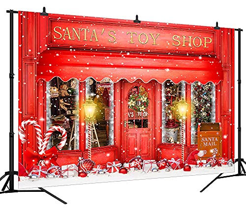 DePhoto Red Christmas Photo Backdrop Santa's Toy Shop Candy Cane in Snow World Xmas Family Holiday Party Banner Photography Background Supplies Decor Studio Prop PGT673B 9x6ft