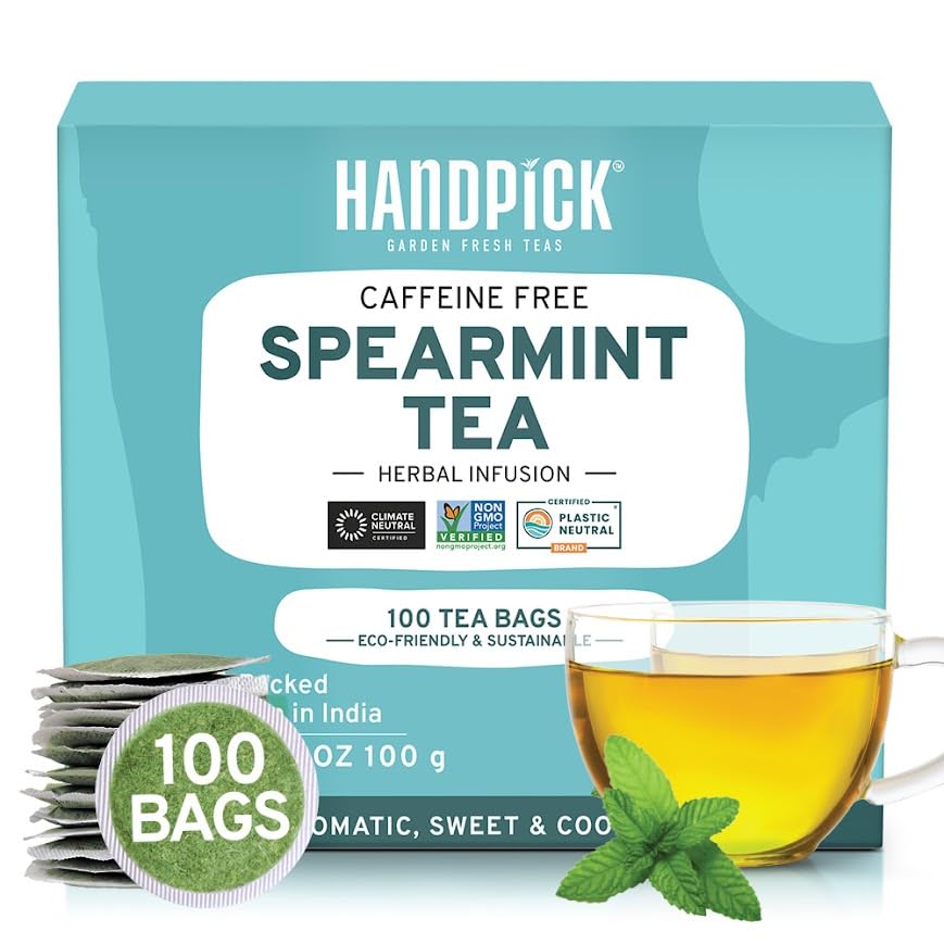 HANDPICK, Spearmint Tea Bags (100 Herbal Tea Bags) Premium Spearmint Leaves, Caffeine Free | Non-GMO, Gluten Free | Round Eco-Conscious Tea Bags | Light & Fresh