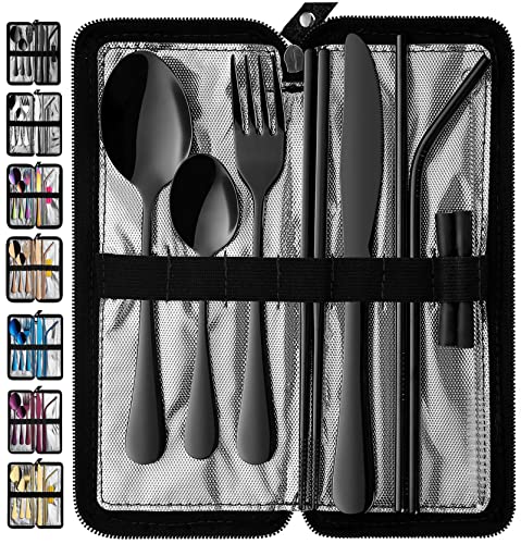 VANDBAO Portable Travel Utensils, Reusable Silverware with Case for Fixing Tableware, 9 Pieces Stainless Steel Stable Flatware Set, Camping Picnic Cutlery Set (Black Set)