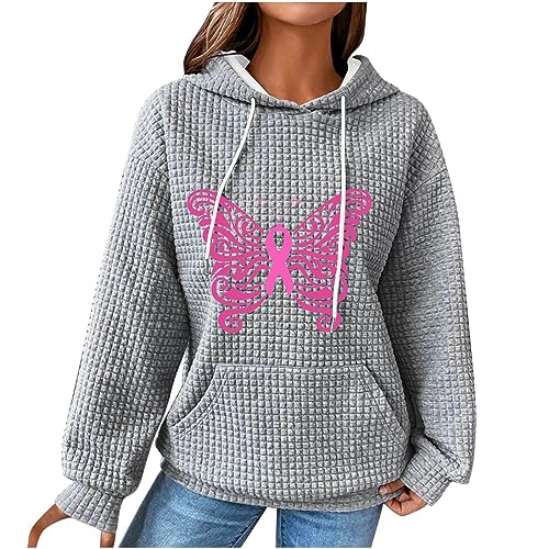 Breast Cancer Awareness Prime Early Access Deals Breast Cancer Awareness Hoodies Women Long Sleeve Sweatshirts Waffle Knit Butterfly Pink Ribbon Cute Fall Clothes